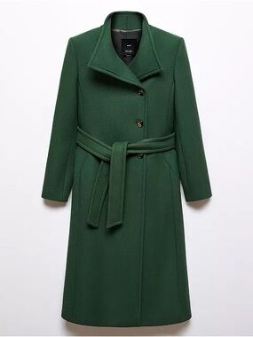NWT Mango Italian Wool belted woolen coat trench dark green Medium